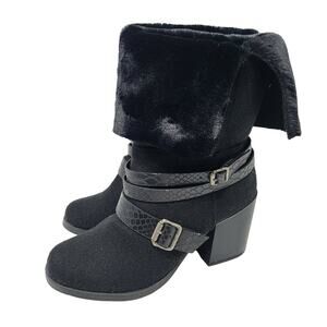 Blowfish Booties SZ 6 Ankle Black Heeled Buckle Faux Fur